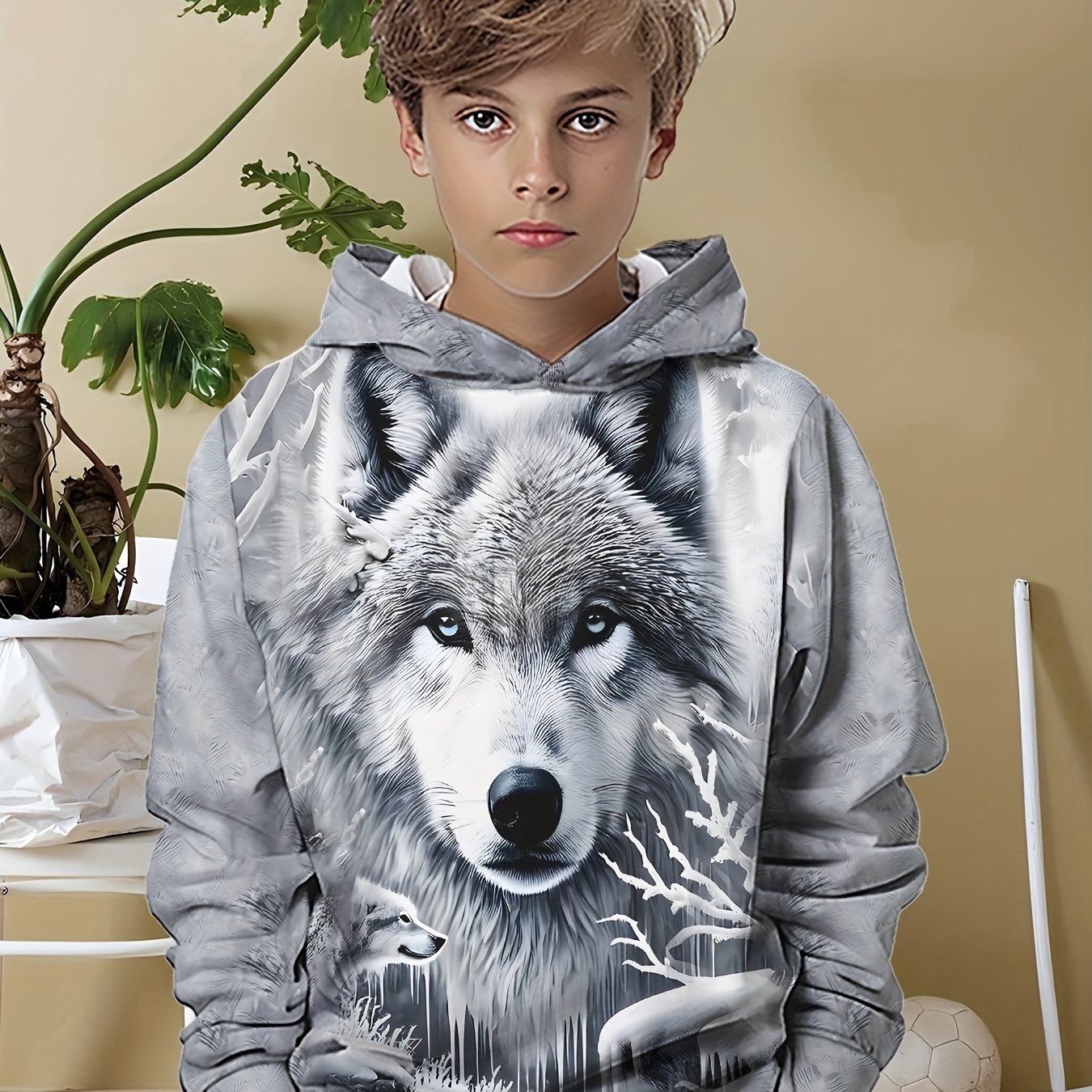TEMU Boys' Wolf Pattern 3d Printed Hoodie, Suitable For Children 3 Years And Up, Casual Everyday Wear Spring And Autumn, Comfortable Fabric, Regular