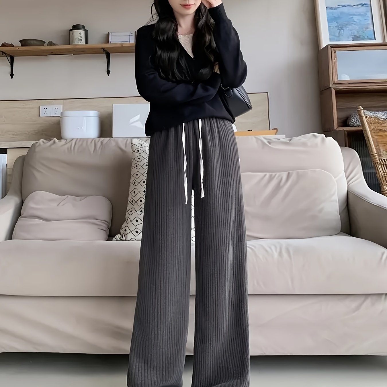 TEMU Women's Pants , Women's Winter Clothing , Knitted Wide Leg Pants, Women's New Autumn And Winter, Soft Close-fitting Striped High Waist Casual