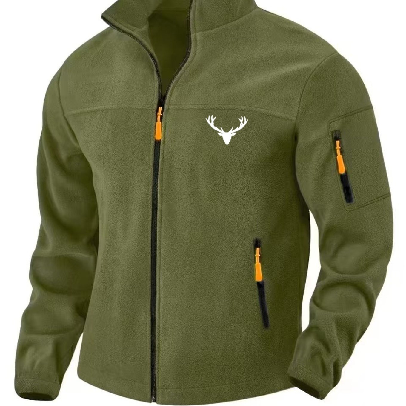 TEMU Men's Outdoor Collar Full-zip Fleece Jacket, Easy Deer Head Print, Multi-zip Pockets, Autumn Winter Hiking Commuting -friendly Warm All-match