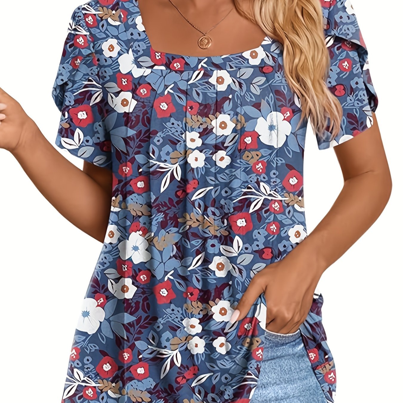 TEMU Women's Elegant Casual Short Sleeve T-shirt - Soft Polyester Blend Square Neck Top With Chest Ruching & Floral Print Petal Sleeves, Relaxed Fit