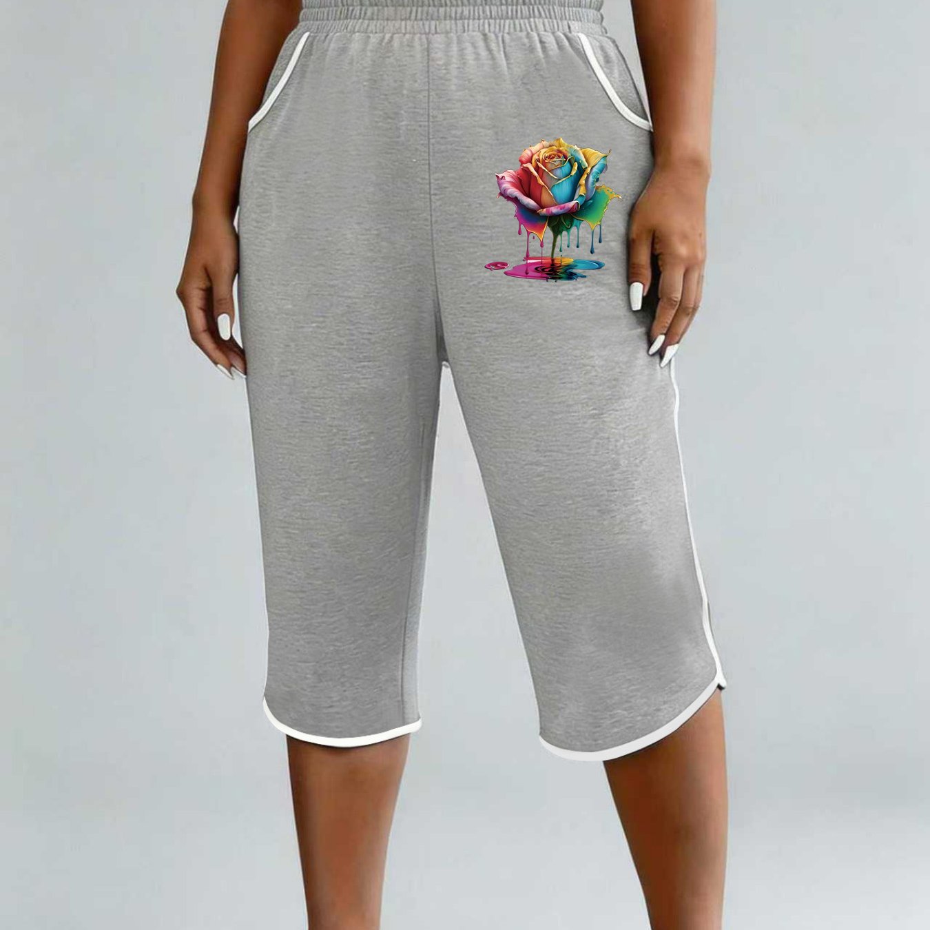 TEMU Plus Size, Summer Casual Plus Size Women's Shorts With Colorful Rose Print, Pockets, Elastic Waist, Streetwear, Elegant And Comfortable Women's