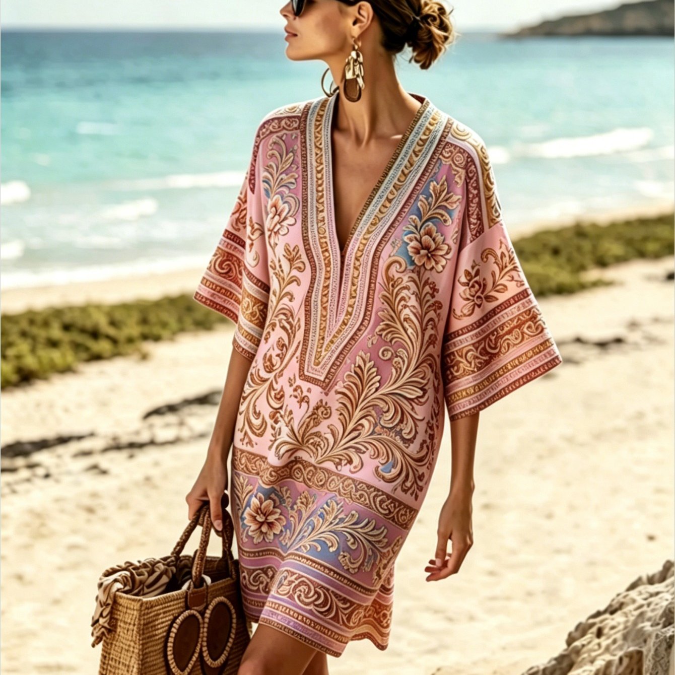 Plus Size Women's Spring Summer V-neck Kaftan Dress, Bamboo Hemp, Ethnic Style, Bohemian Style, Casual Versatile Vacation Casual Skirt, Suitable For All Bodies, Used As A Blouse Or Casual Dress
