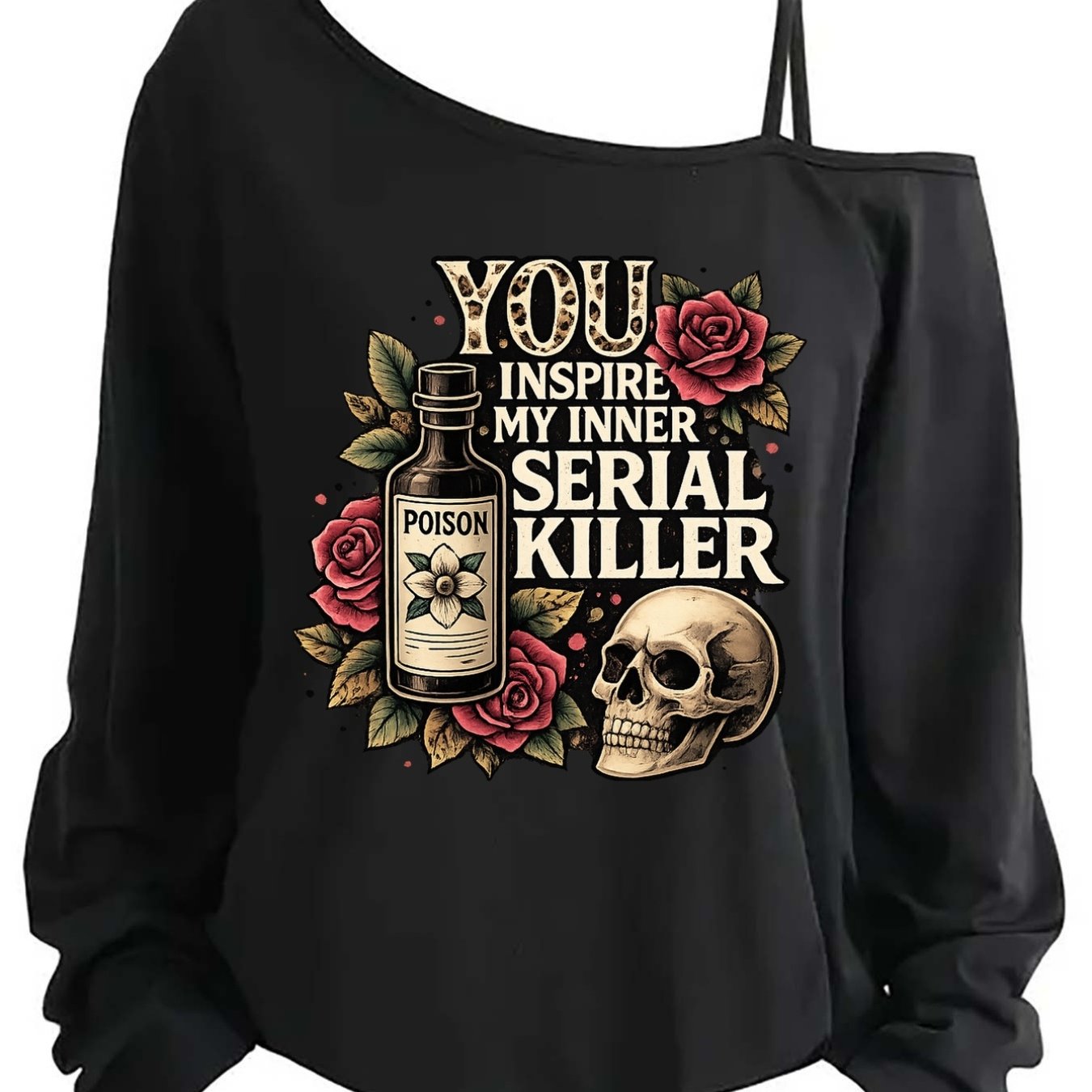 TEMU Women's Off-shoulder Long Sleeve T-shirt, You My Serial Killer, Poison Bottle Print Asymmetrical Shoulder Strap, Drop Shoulder Top, Casual ,