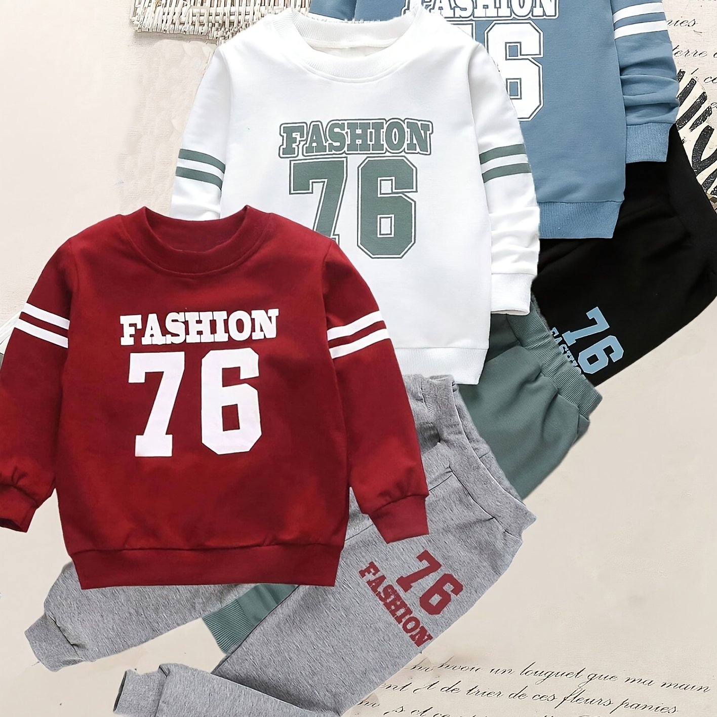 E-shop Jungen 6-teiliges Set Lässiger Sport-College--Style, niedlicher Sweatshirt & mit Nummer 76 Buchstaben-Aufdruck, Kleidung geeignet für , Schule,
