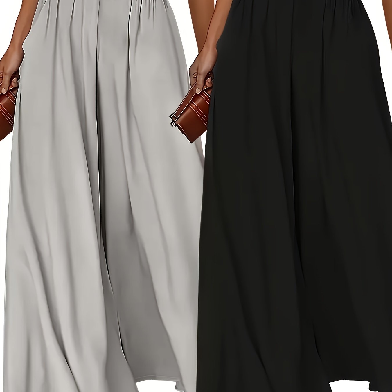 Image of 2pcs Women's High Waist Wide Leg Pants, Casual Solid Color Polyester 100% Non-stretch Fabric, Comfortable Loose Fit With Pockets, Spring/summer/fall Daily Wear