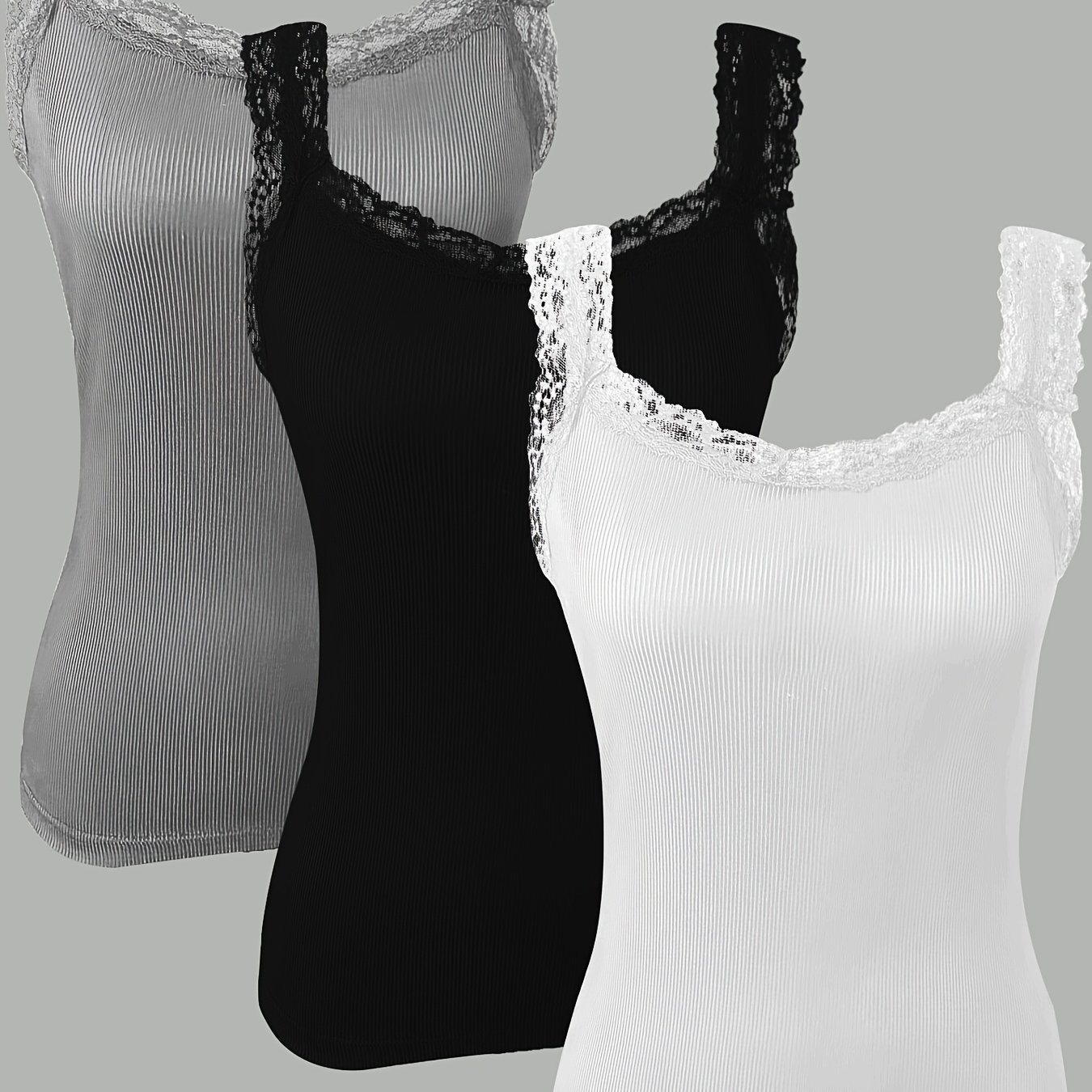 TEMU Women's Four-season Sleeveless Lace Trim Tank Top, Comfortable Ribbed Fabric, Fashionable And Elegant, Three-pack
