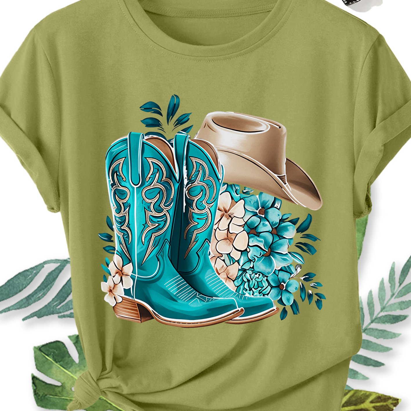 TEMU Women's Elegant Plus Size Short-sleeved Turquoise Cowboy Boots Cowboy Hat Floral Print Crew Neck Women's Comfortable Soft Breathable And Summer