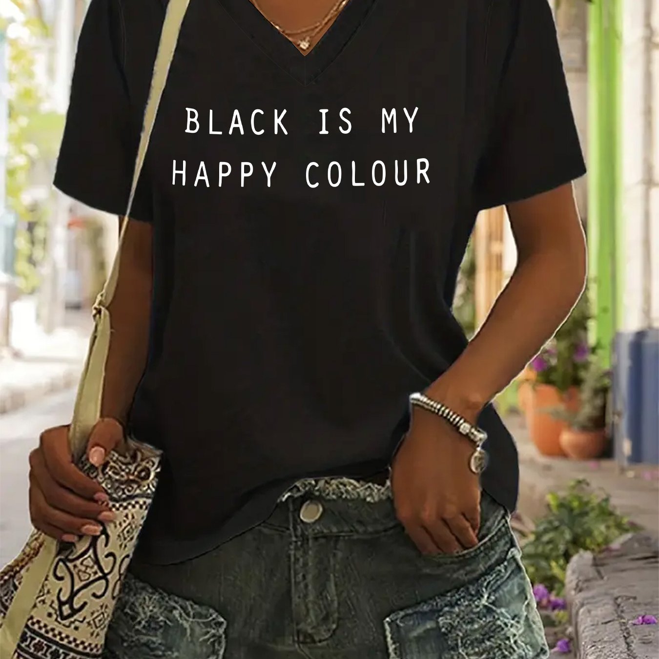 TEMU Graphic Print T-shirt, Short Sleeve V Neck Casual Top For Summer & Spring, Women's Clothing