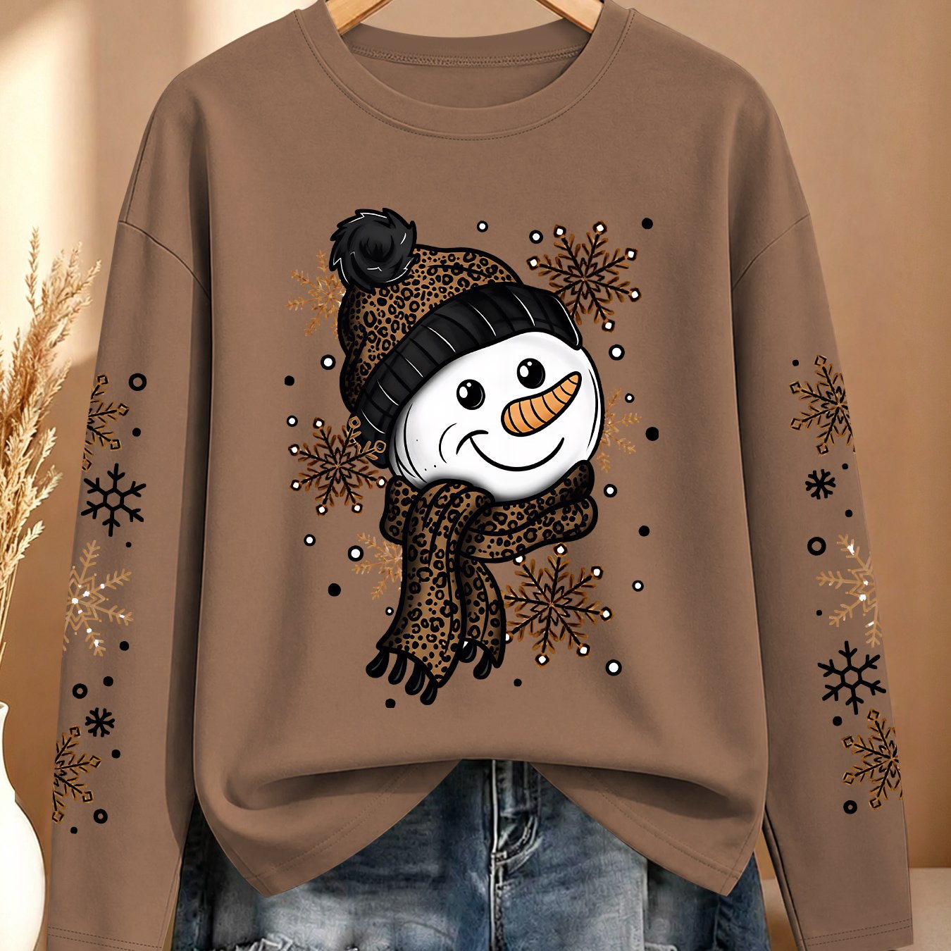 TEMU Christmas Plus Size Women's Autumn Apparel Leopard Print Snowman Snowflake Multi-figure Double Sleeve Printed Long Sleeve T-shirt, Sporty Casual
