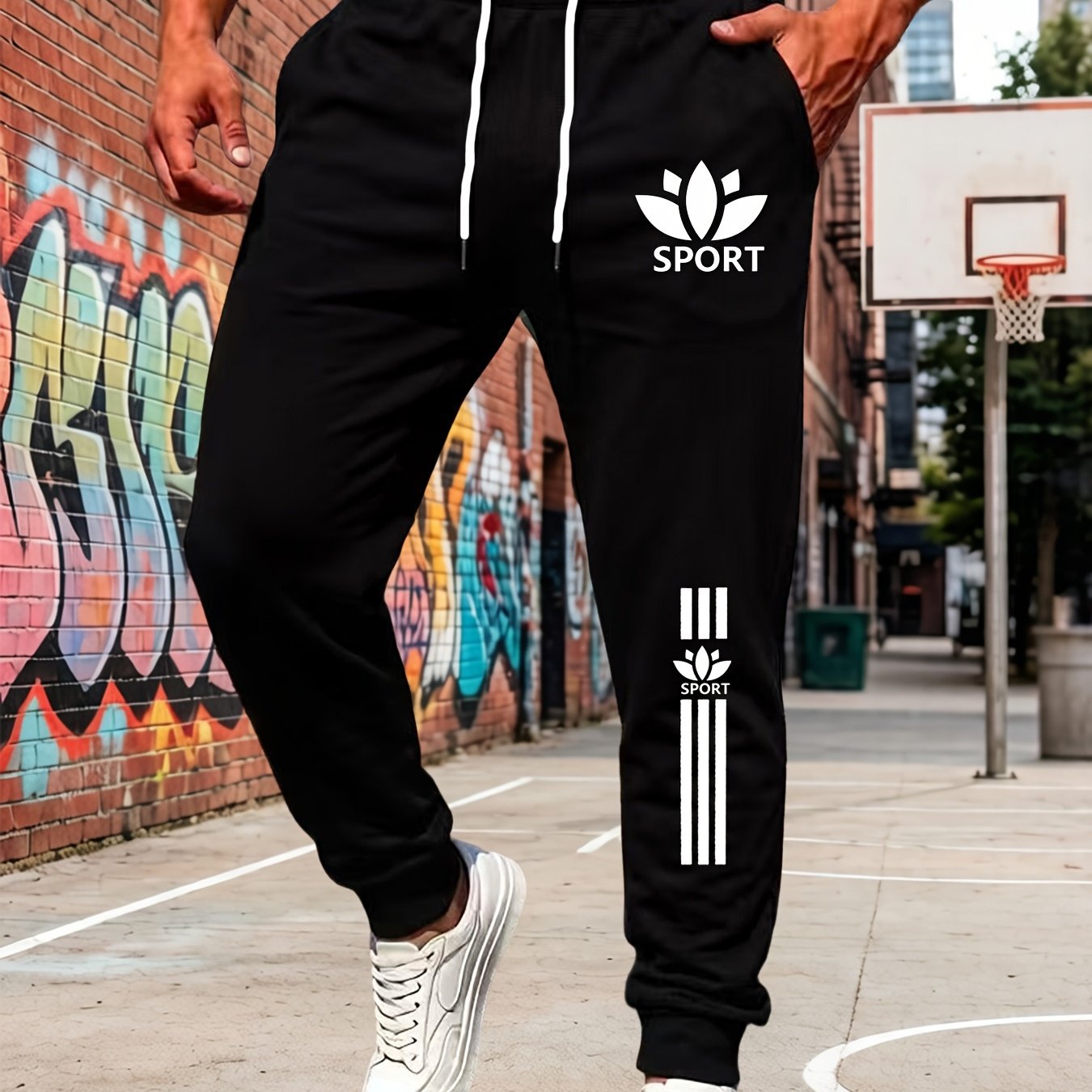 TEMU [printed Design - Not Textured] 2026 Autumn/winter Plus Size Men's Sports Sweatpants, Loose Fit With Ankles, Breathable And Comfortable, Side