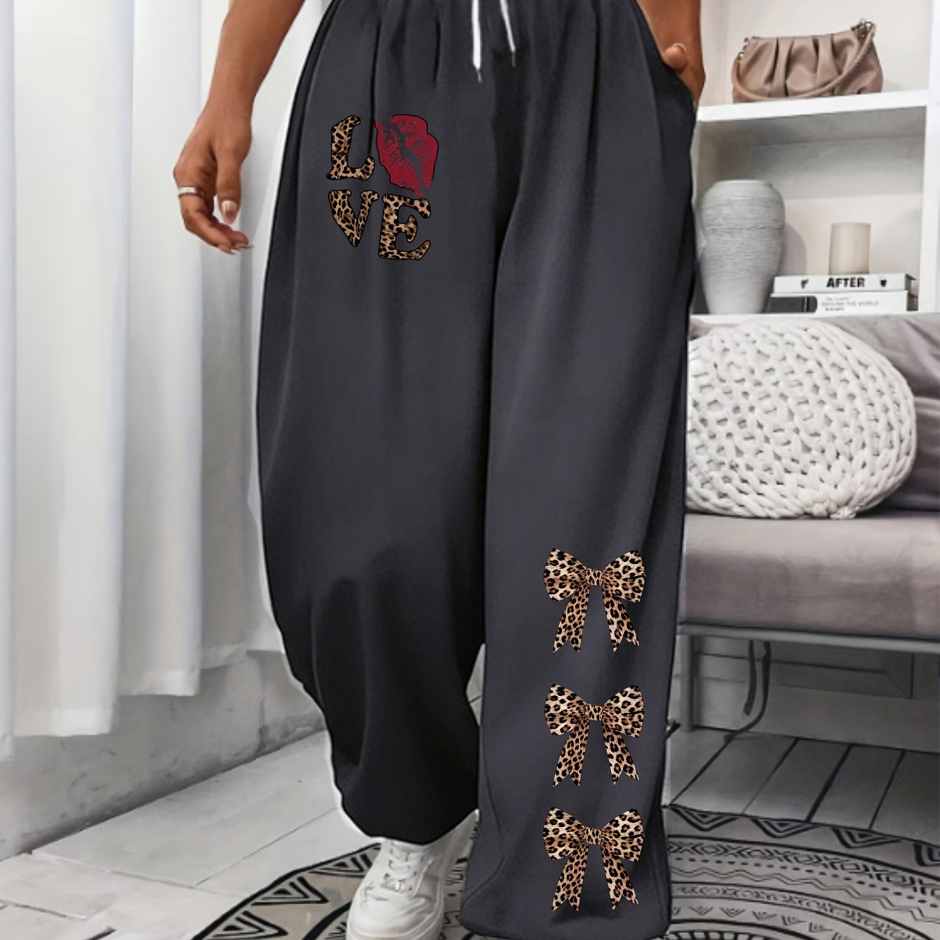 TEMU Leopard Lip Bow Print, Ladies Plus-size Loose Sweatpants, Slim And Casual Waist-tied Trousers, Machine Washable-high-quality Fabrics, Ladies