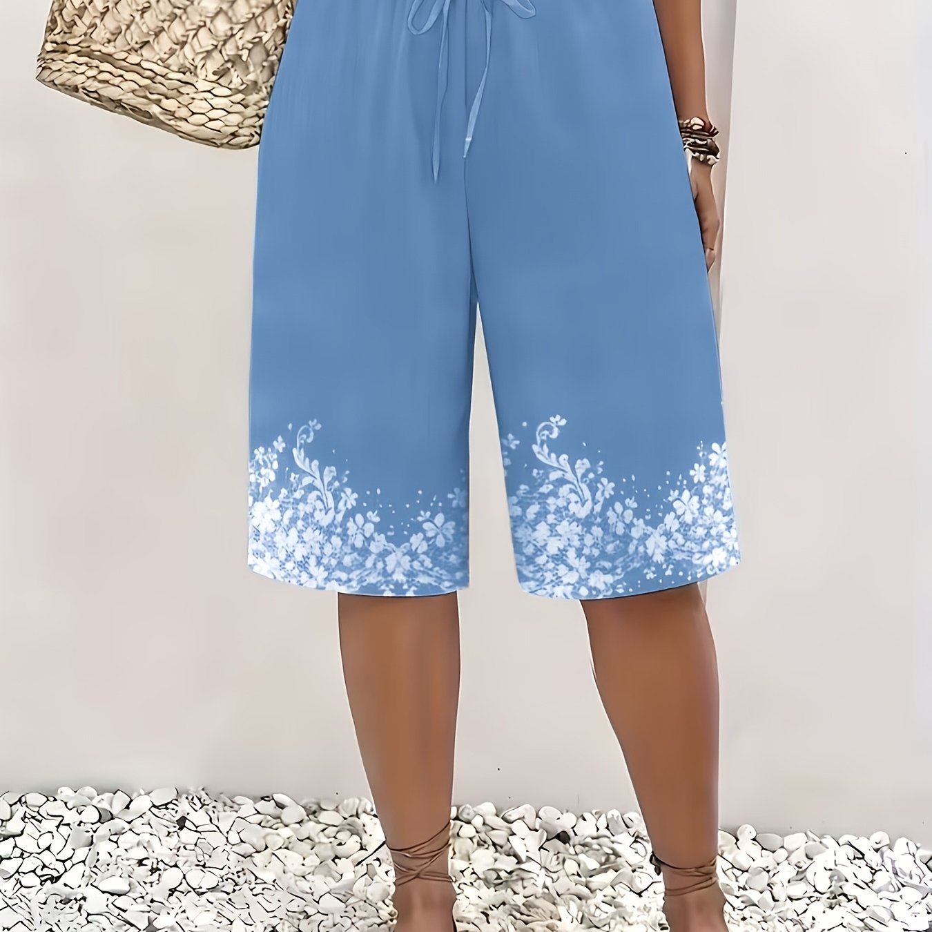 TEMU Plus Size - Plus Size - Women's Casual Pants, Floral Print, , Fiber Material, Comfortable And Fashionable Bermuda Shorts, Suitable For Daily