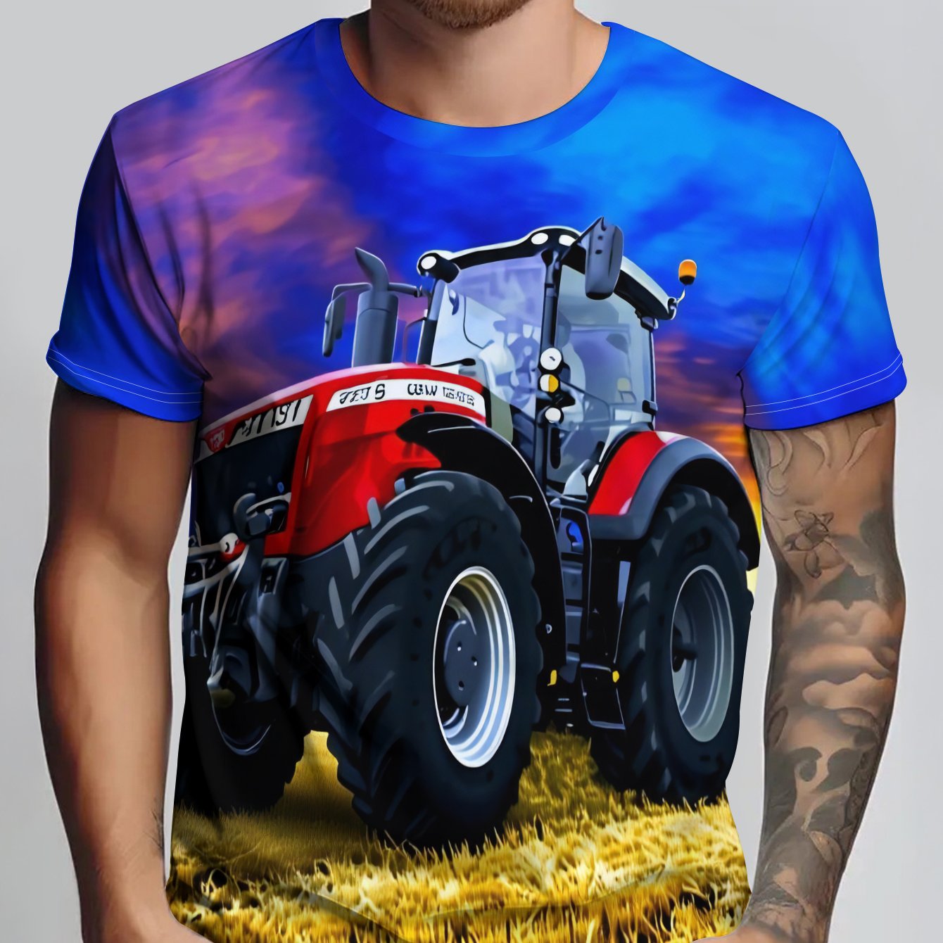 TEMU T-shirt Printed With A Red Tractor Against A Background Of Blue- And Golden