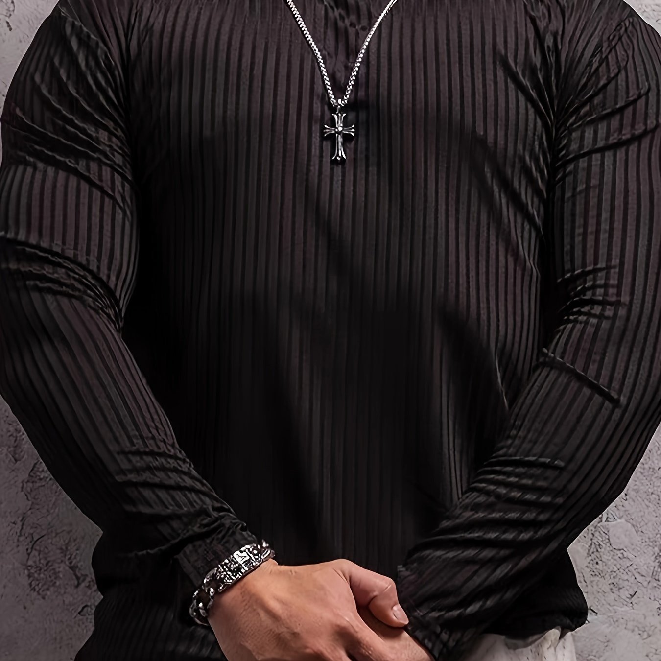 Men's Striped T-shirt, Casual Long Sleeve High Elasticity Slim Neck T-shirt, Athletic Top