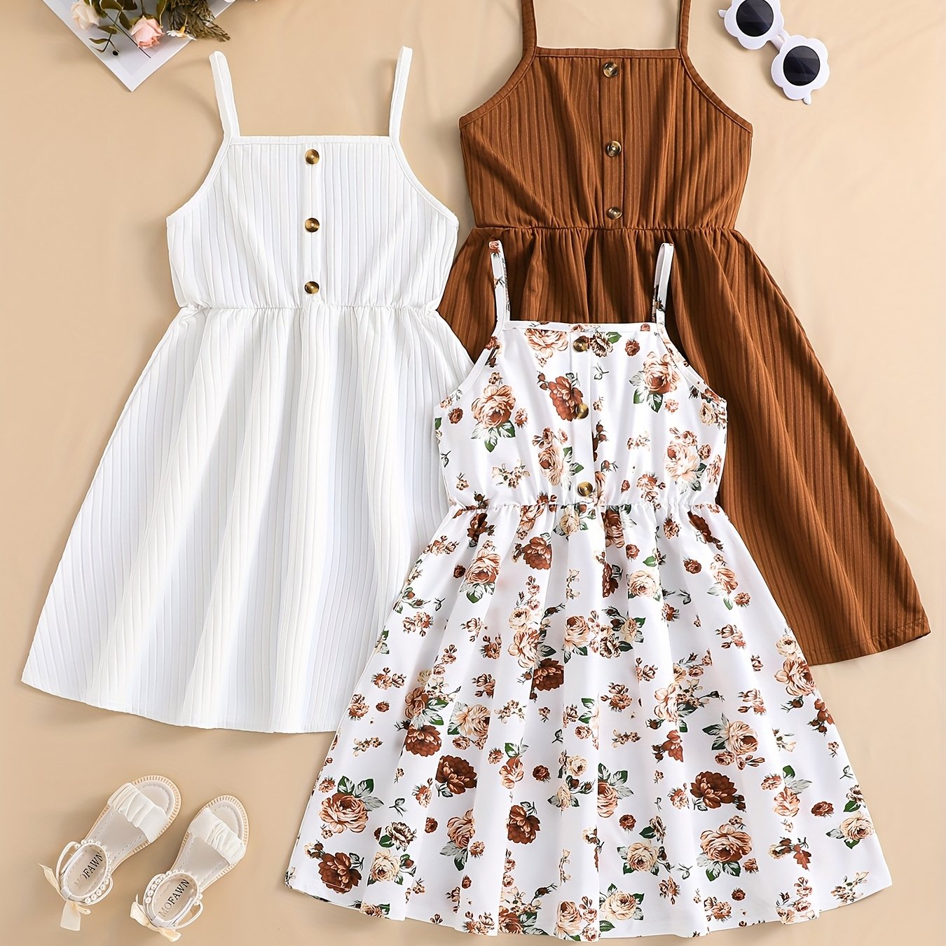 Image of Three-pack Girls' Dresses, New Summer Style, Dress Set, Knit Suspender Dress, Sweet And Casual Everyday Versatile Style, Fashionable Button Design