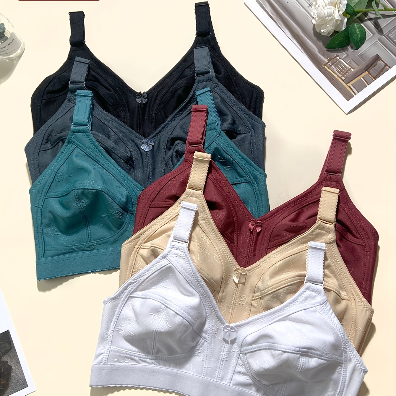 Image of 6pcs New Style Plus Size Simple Embroidered Women's Underwear, Comfortable Wire-free Bra For Lifting And Supporting, Anti-sagging With Adjustable Straps And Front Closure