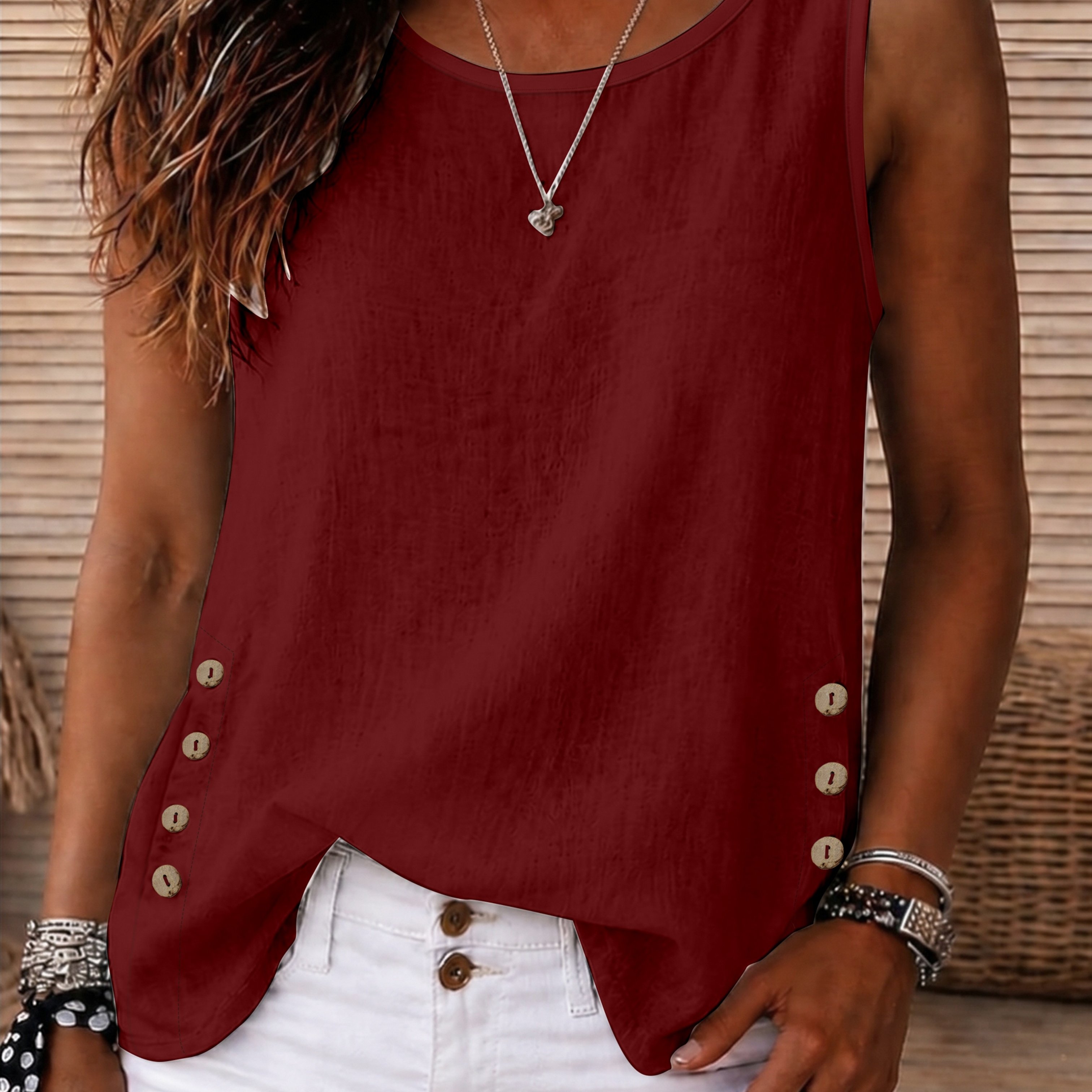TEMU Women's Fashionable Sleeveless Top, Relaxed Simple Versatile Vest With Side Buttons, Loose Fit, Figure-hiding, Breathable, Crew Neck Vest For
