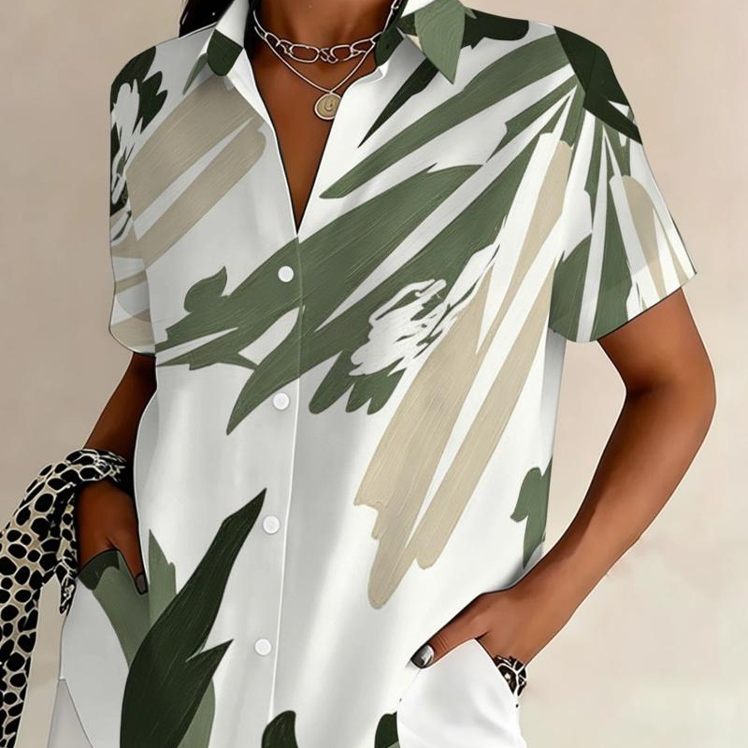 TEMU Plus Size, European And Plus-size Women's Short-sleeve Lapel Shirt, Button-up Cardigan Top, Abstract Graffiti Floral And Leaf Pattern Print,