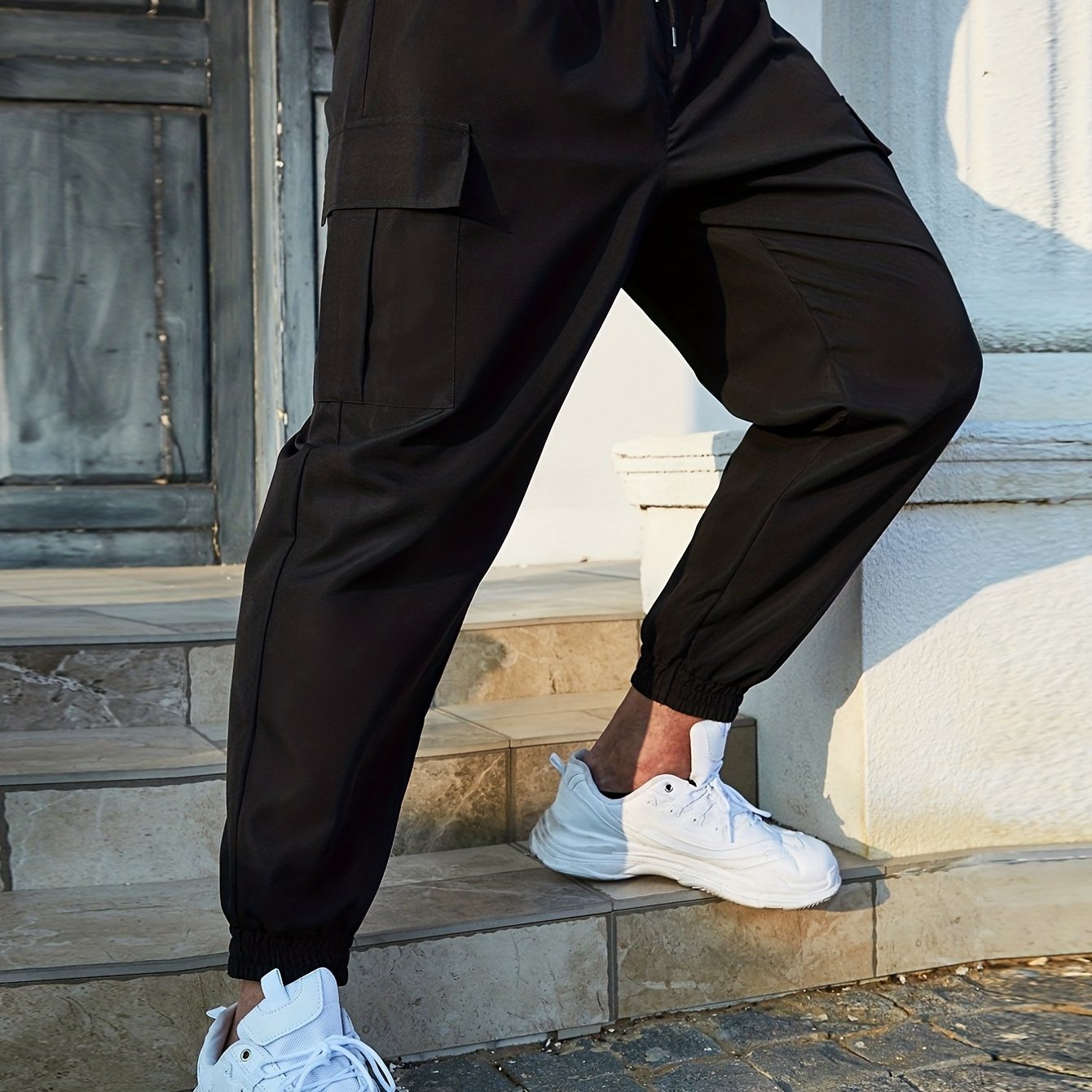 Image of Plus Size Men's Casual Solid Cargo Pants With Pocket For Outdoor/workout, Trendy Oversized Loose Pants For Big & Tall Males, Men's Clothing