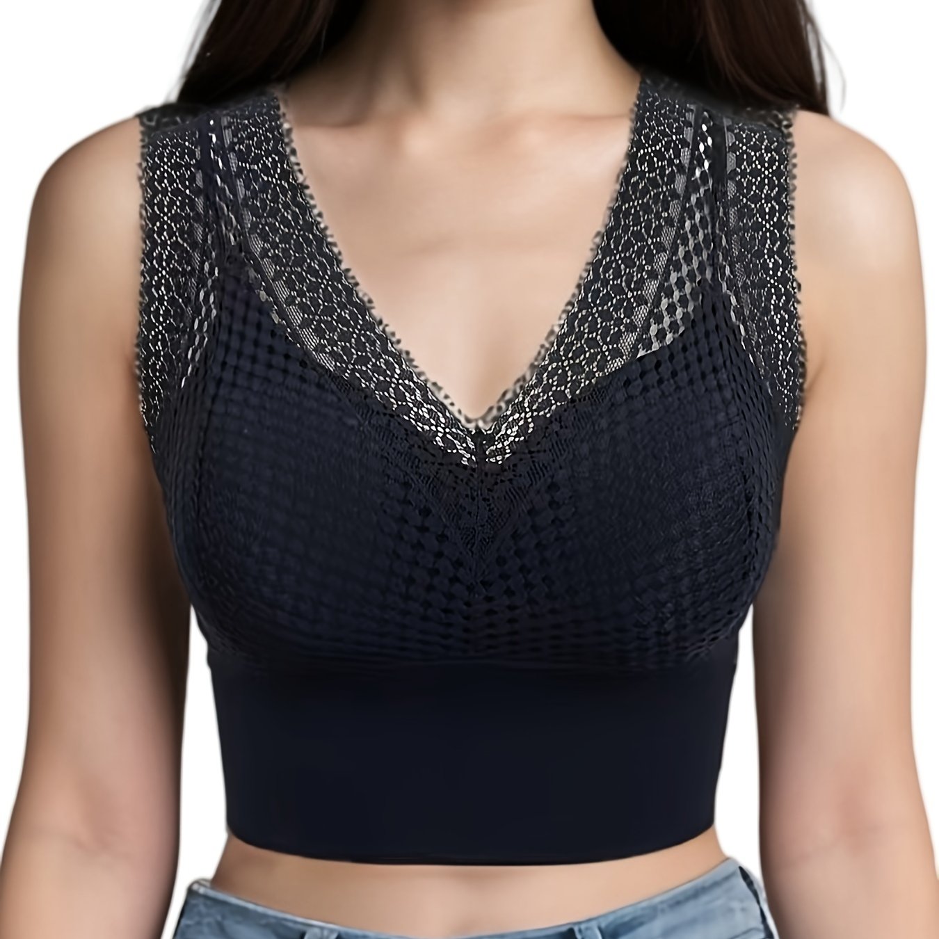 Summer Lace V-neck Seamless Tank Top Bra, Wire-free, Comfortable, Anti-peek