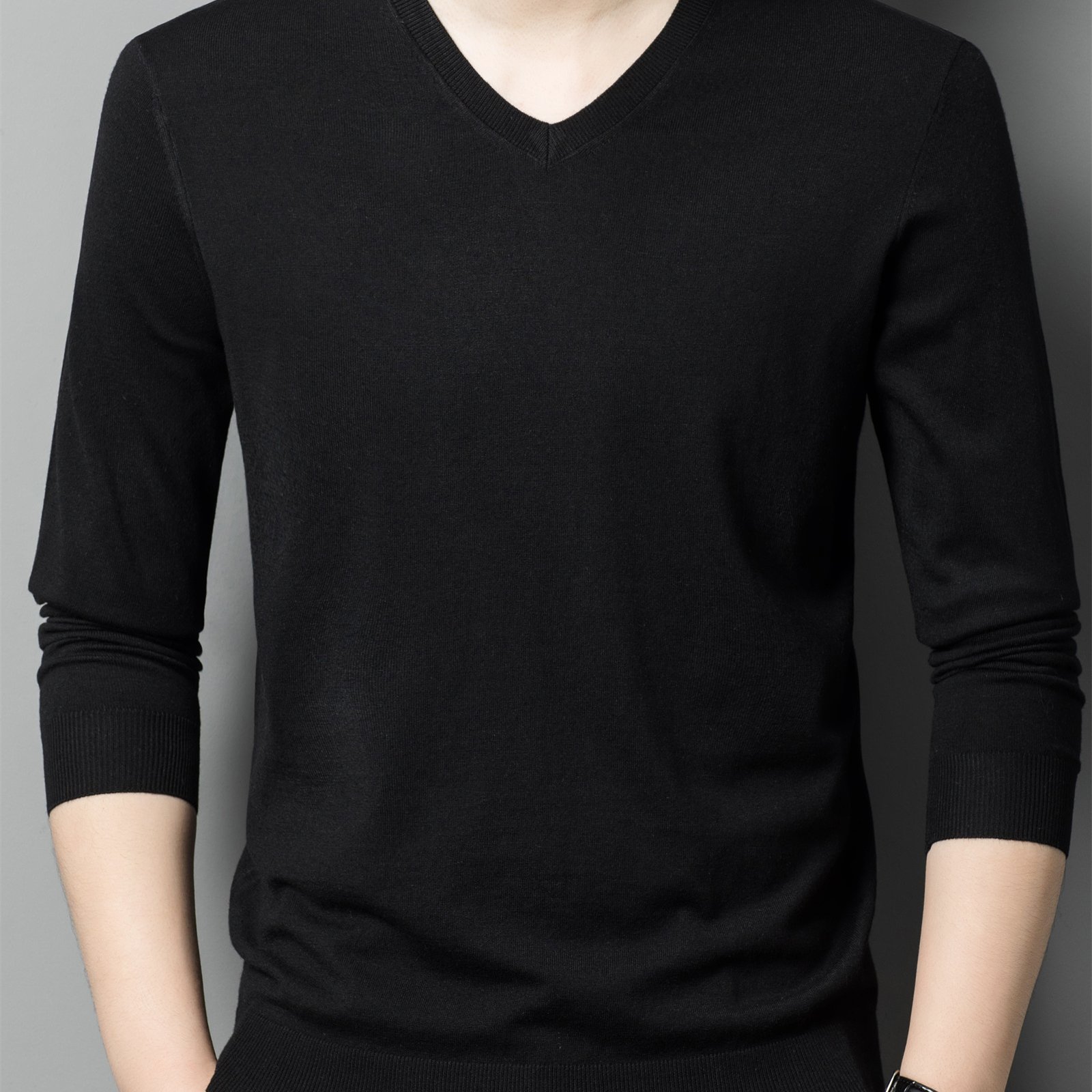 TEMU Men's V-neck Solid Color Velvet Sweater Vest Inner Base Shirt Spring And Autumn Thin Knitted Sweater Men's Kai Mr.-24101