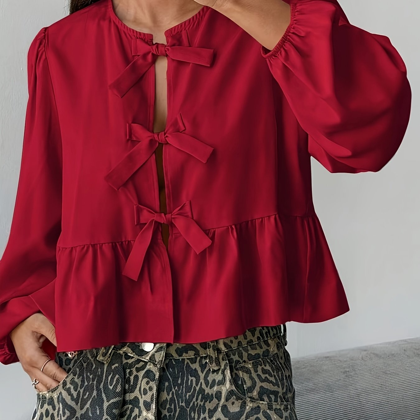 TEMU Self-patterned Sleeve Blouse With Bow, Suitable For Women, Long-sleeve Top