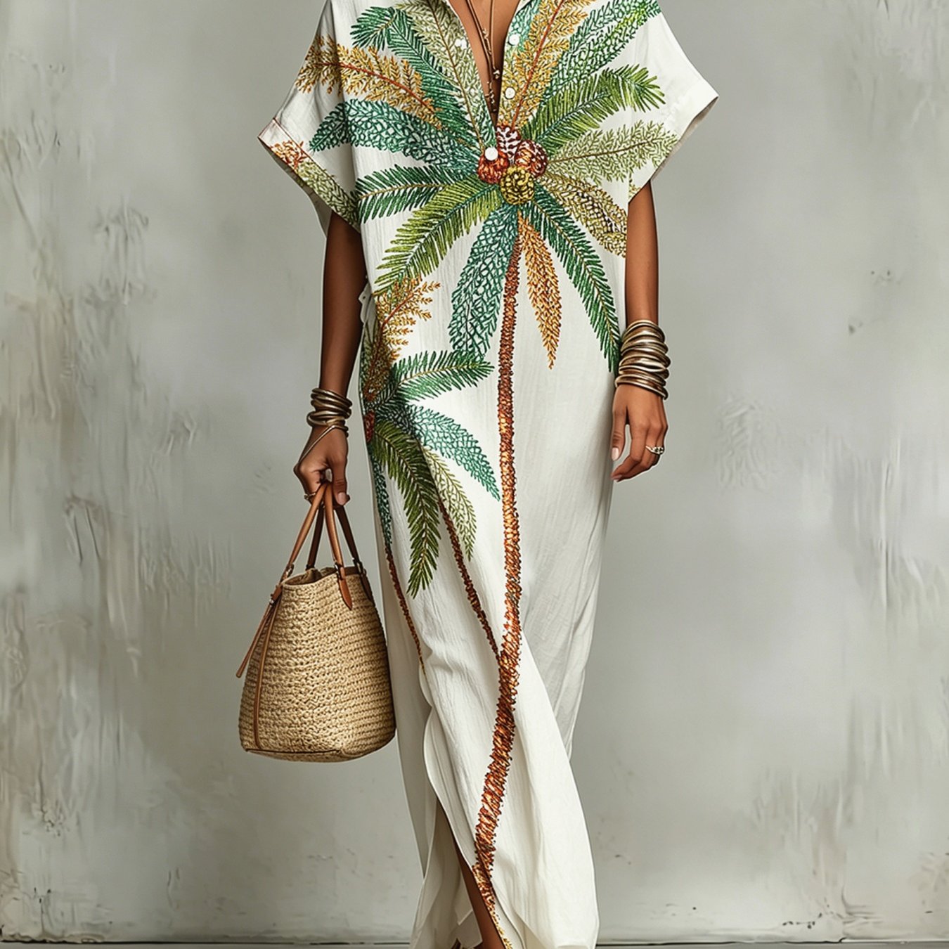 Image of Women's Summer Lapel Dress With Palm Tree Print, Tropical Pattern, Casual , Elegant And Exquisite Side Slit Dress, Machine Washable, Suitable For Daily Outfits And Party Gatherings, Perfect Gift