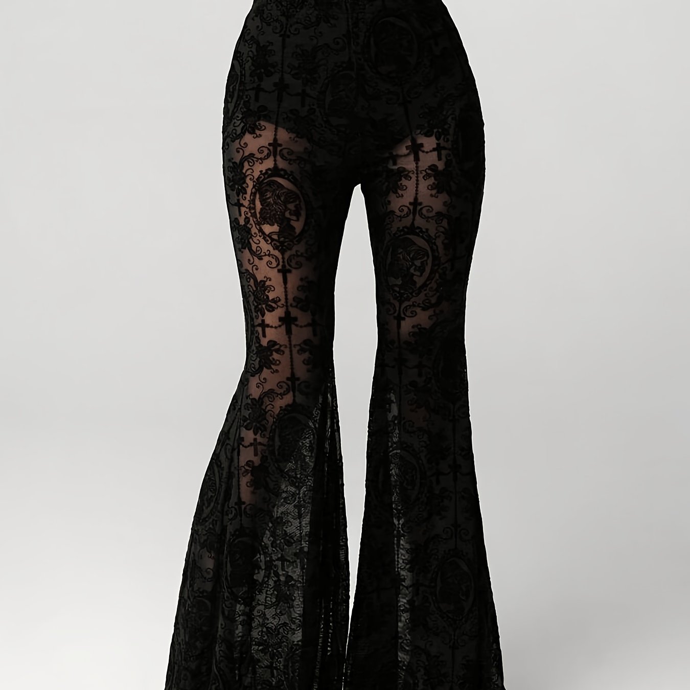 TEMU Women' High-waisted Slim-fit Flared Bell-bottom Pants With Built-in Mesh Panel - Elastic Waist Suitable For Spring Summer Fall, Solid Color