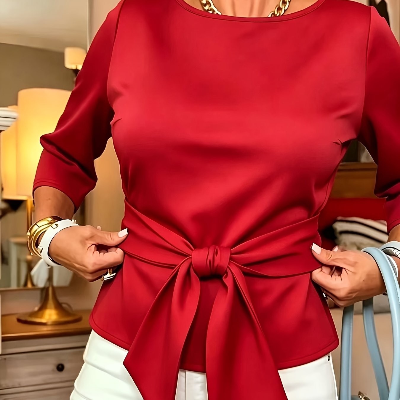 TEMU Zj0728019 Women's Fashionable Elegant Solid Round Neck Tie-front T-shirt, Suitable For Casual , Home, And Dates