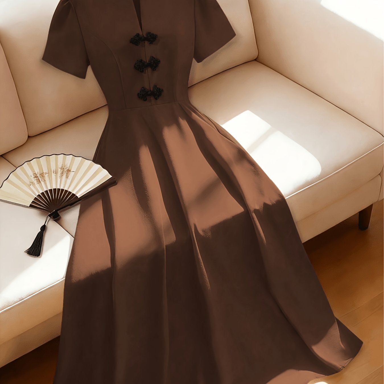 TEMU Elegant Exquisite New Chinese Improved Qipao Dress, Collar V-neck Buttons Short Sleeve Waist Cinched A-line Flared Solid Midi Dress, Fashionable