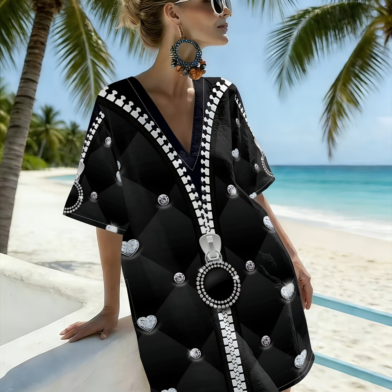 TEMU Women's V-neck Short Sleeve Loose Tummy Control Beach Dress, Rhinestone Zipper Heart Diamond Light Luxury Sweet Cool Vacation Mid-length Dress