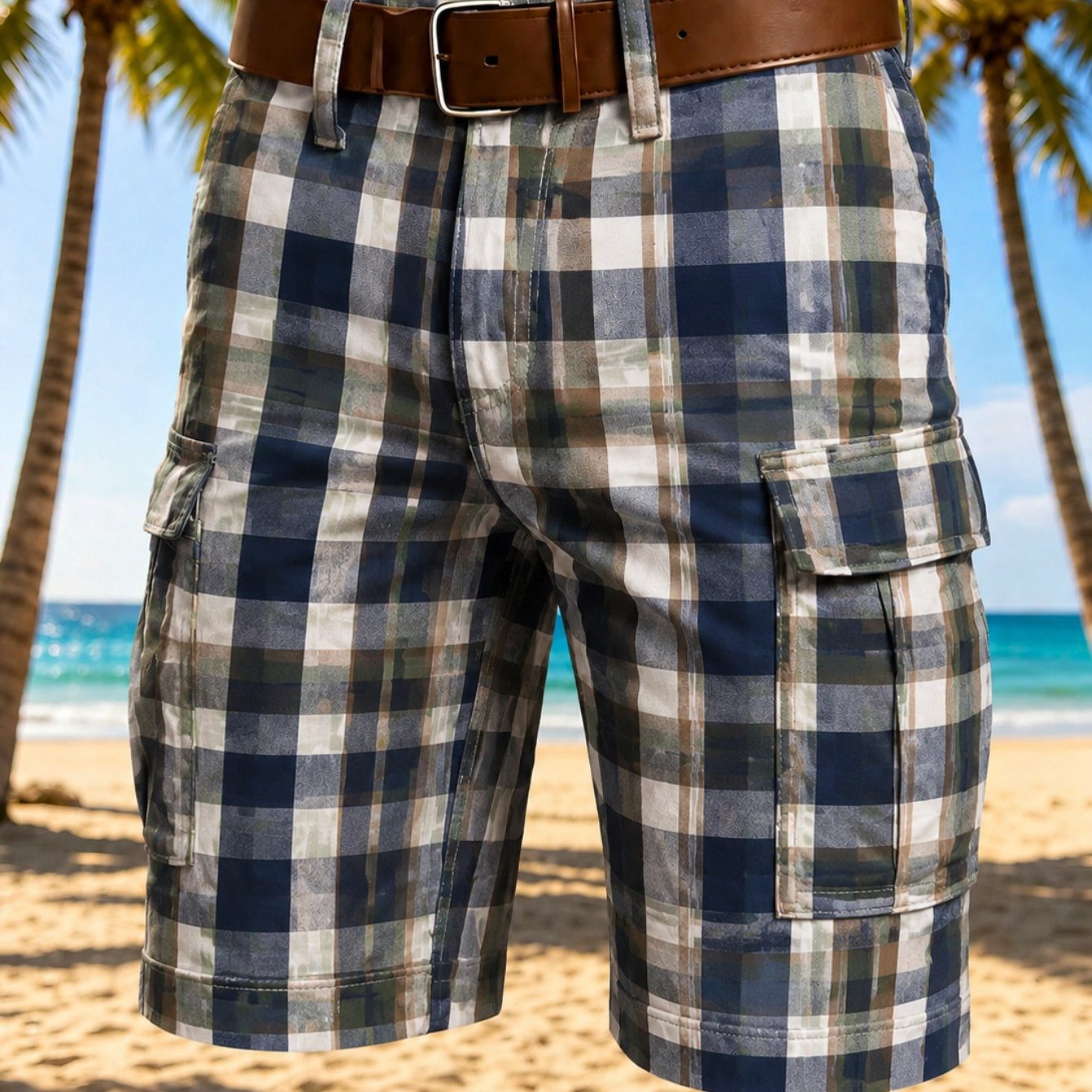 Image of Mens Plaid Cargo Shorts In Navy Blue And Beige Lightweight, Durable, Perfect For Beach, Casual , Or Outdoor Dining With Adjustable Belt And Functional Pockets
