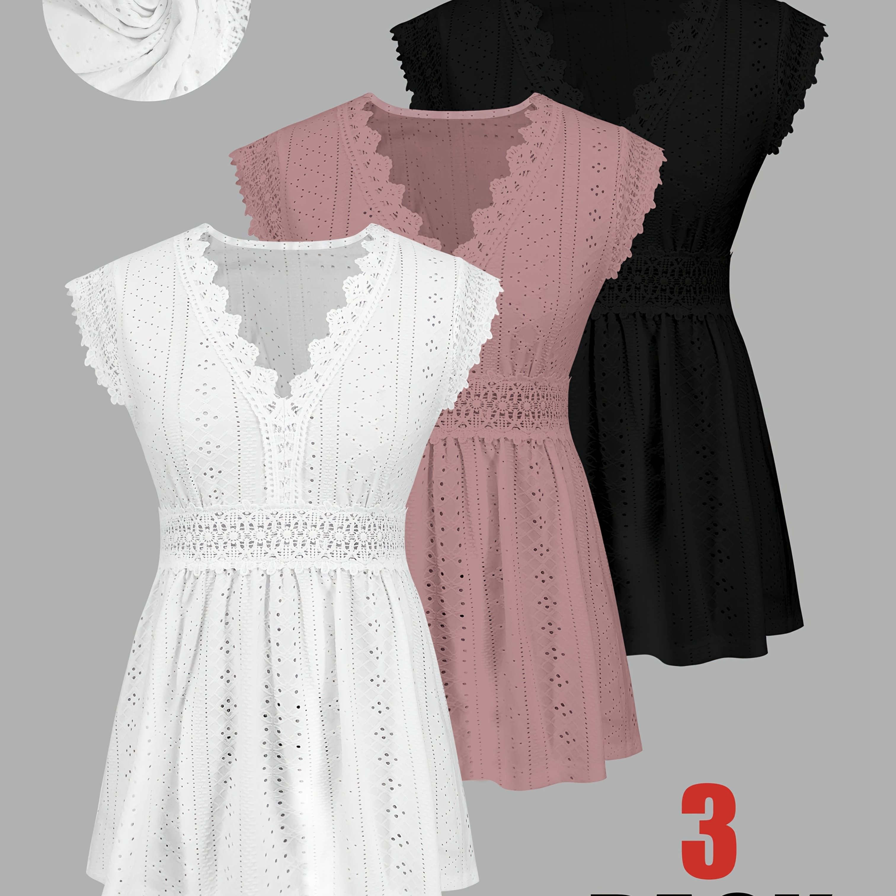 TEMU Women's 3pcs Set: Elegant Summer Top With Lace AppliquÃ© And Cut-out Jacquard Fabric, Perfect For Vacation Outfits And Easter Beach Wear T-shirt