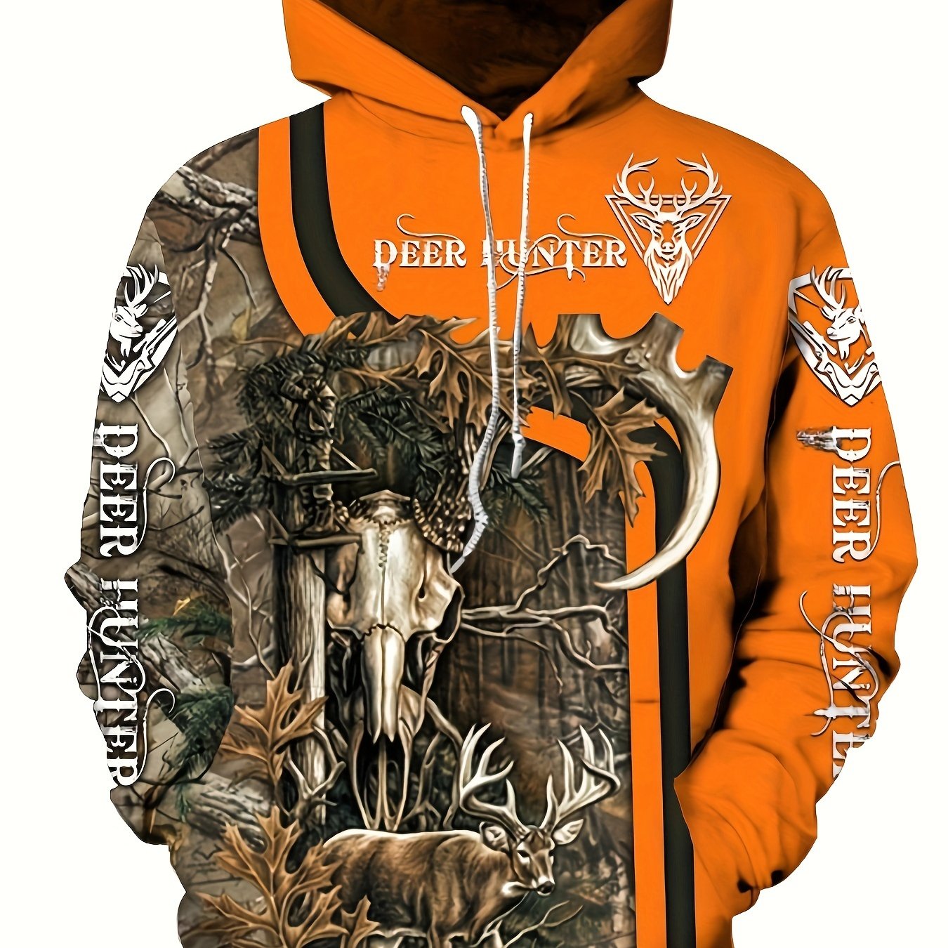 TEMU Men's Hoodie - Sweatshirt And Buck Antler Design, Machine Washable, Ideal For Fall/winter, Plus Size, Hunting