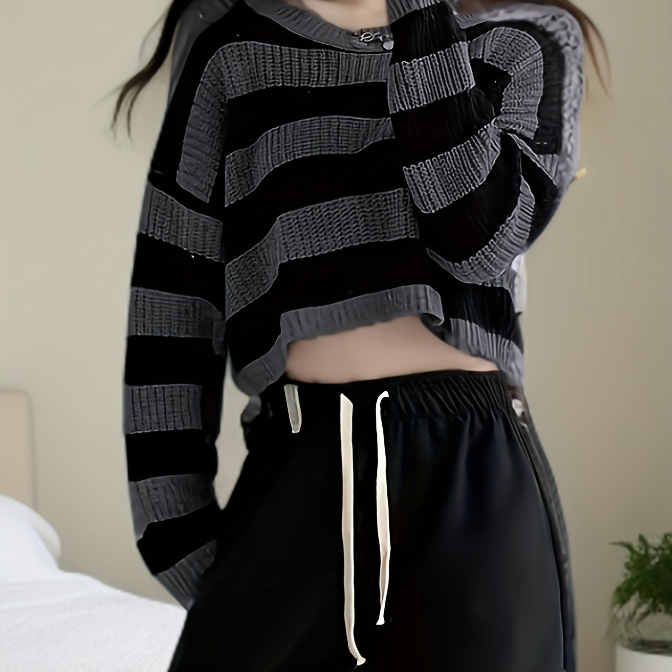 1pc Lazy-style Striped Sweater, Short Long-sleeve Top, Stylish And Comfortable For