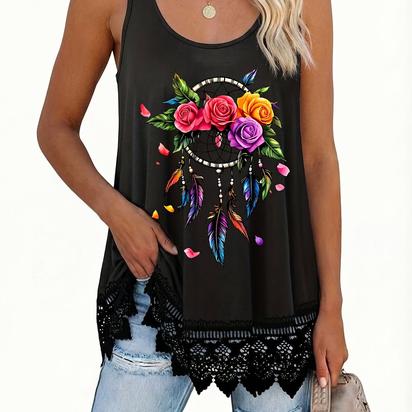 TEMU Plus Size, Plus Size Lace Trim Women's Round Neck Tank Top, Figure-flattering And, Top