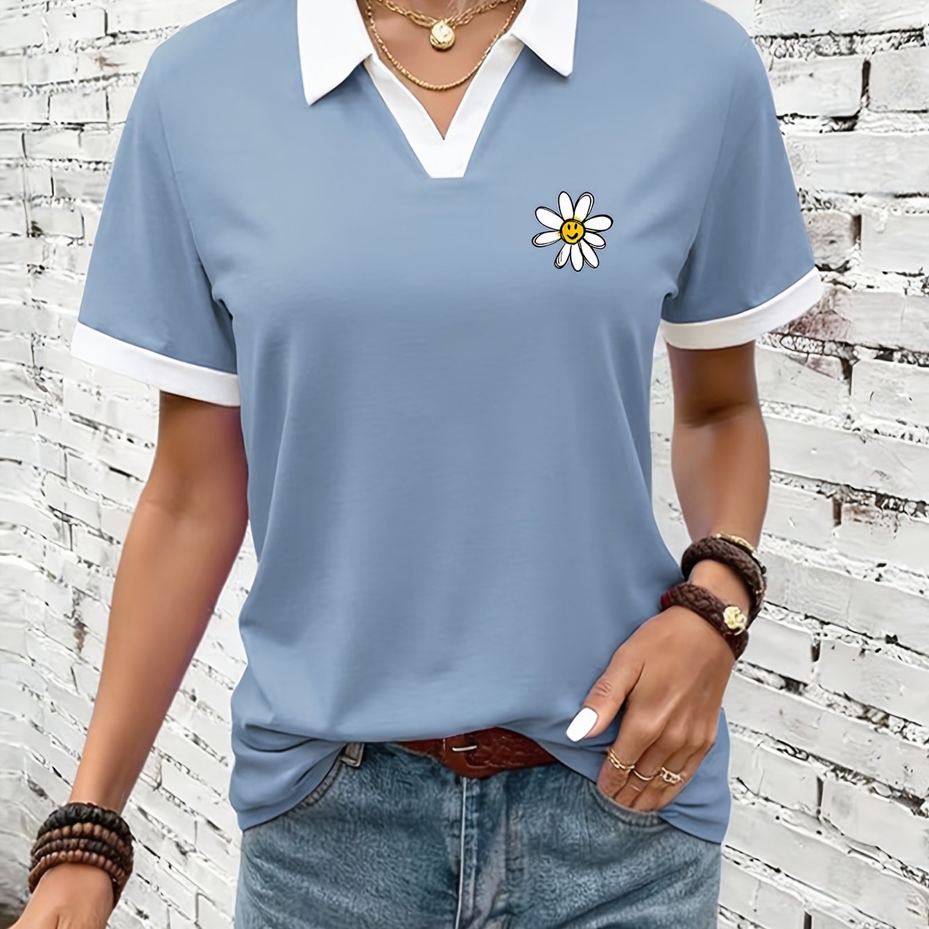 TEMU Floral Print Women's Shirt, Half-open Casual Top, New Women's Shirt Short-sleeved T-shirt For Spring And Summer, Fashionable And Elegant Women's