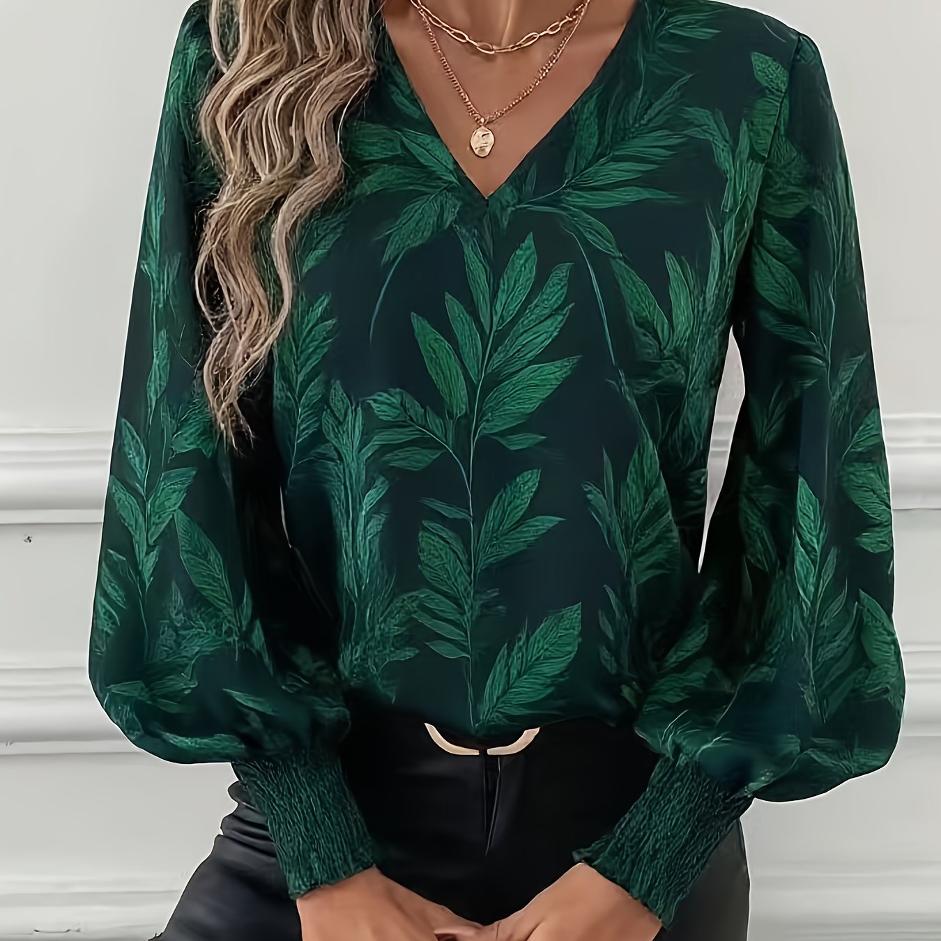 E-shop Damen Elegantes Blattmuster Laternenärmel-Shirt – Schönes V-Ausschnitt Langarm-Oberteil, für lässige oder stilvolle Frühlings- Herbstoutfits
