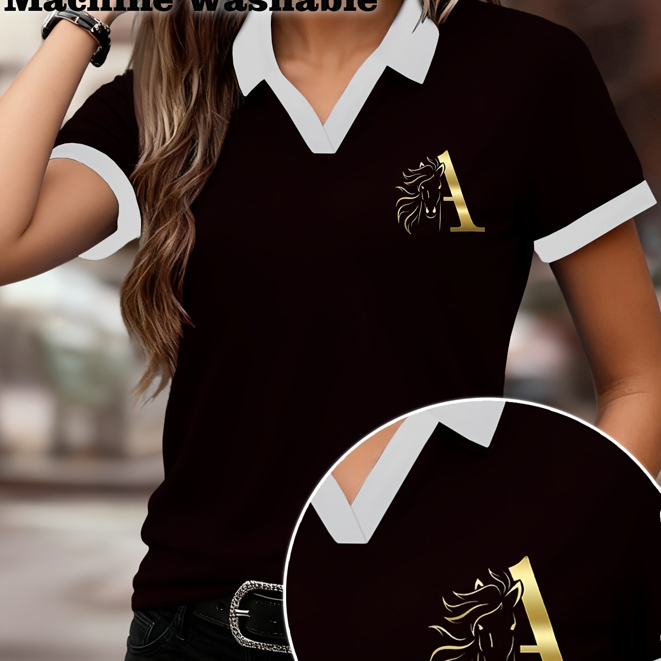 TEMU Women' & -themed Shirt - Short Sleeve Casual Top With Collar, Horse Letter Print (), Medium-stretch Fabric Suitable For Outdoor, Riding & Casual