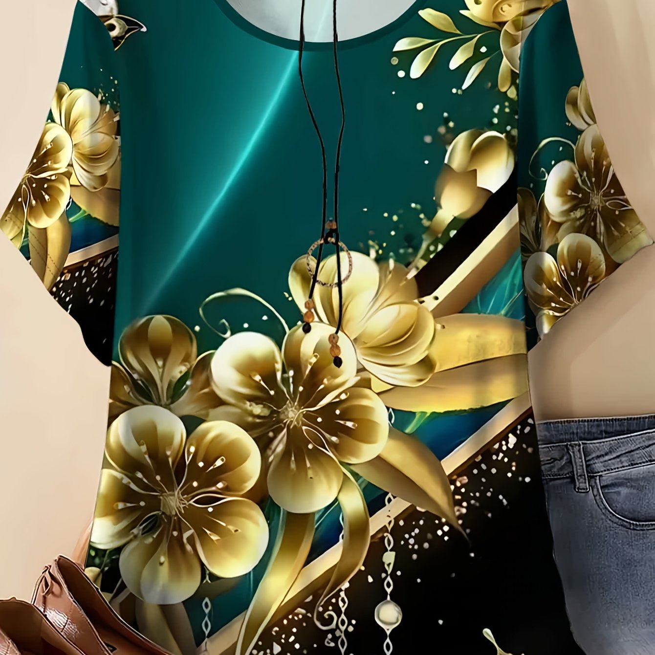 TEMU Plus-size Women's Golden Floral Print Top, Stylish Loose Short-sleeve T-shirt For Women, Trendy Summer Design