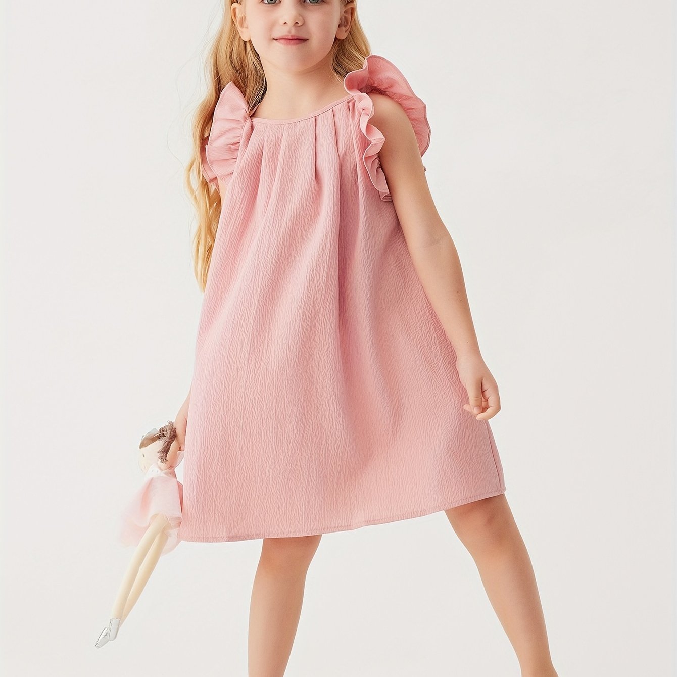 Image of Baby Girls Cute Dress Summer Ruffle Sleeve Solid Color Children Daily Dresses A- Princess Clothes Toddler Outfits