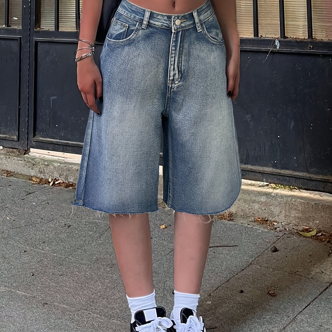 Image of Women's Bermuda Denim Shorts With Stretchy Frayed Edges