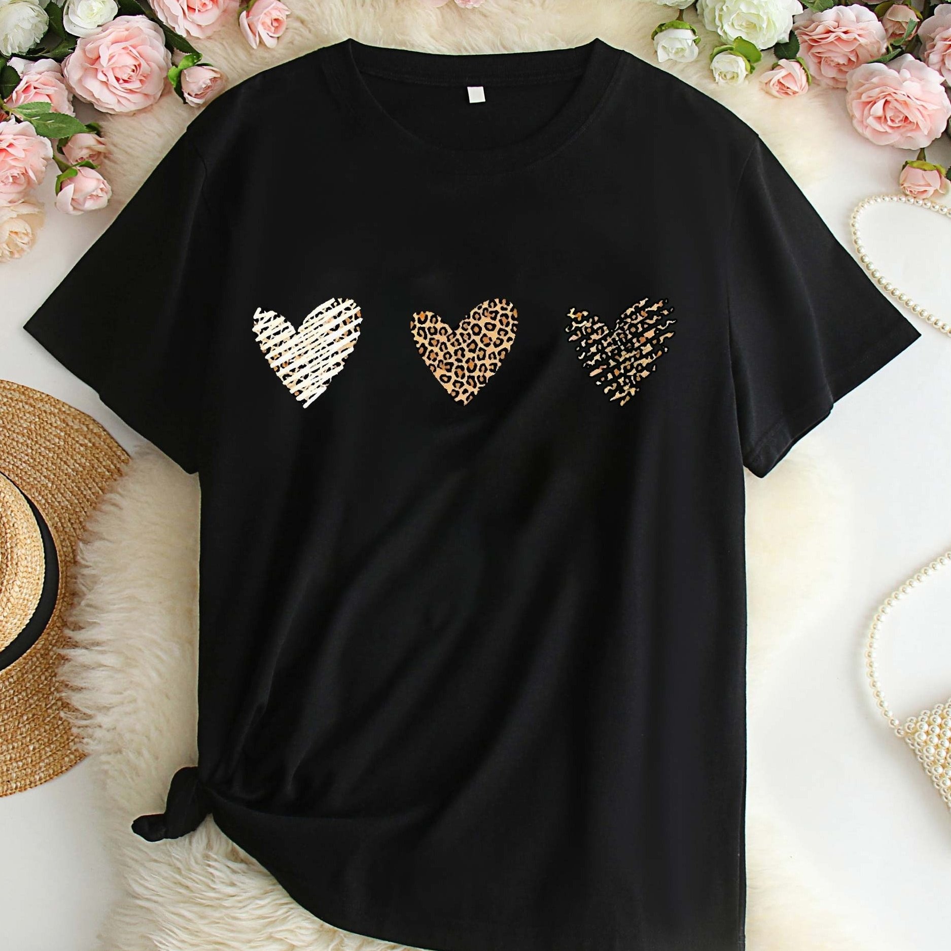 Plus Size, Women's European And Plus Size Printed Round Neck Short Sleeve T-shirt