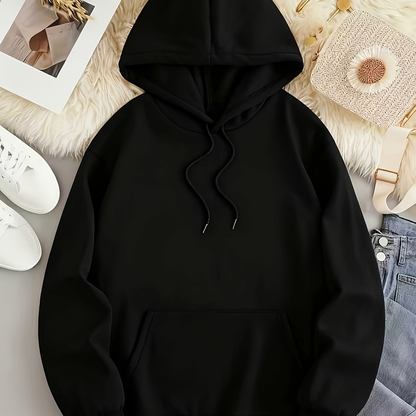 TEMU Women's Fashion Autumn Winter Clothing Solid Multicolor Casual Fleece-lined -like Hoodie Sweatshirt