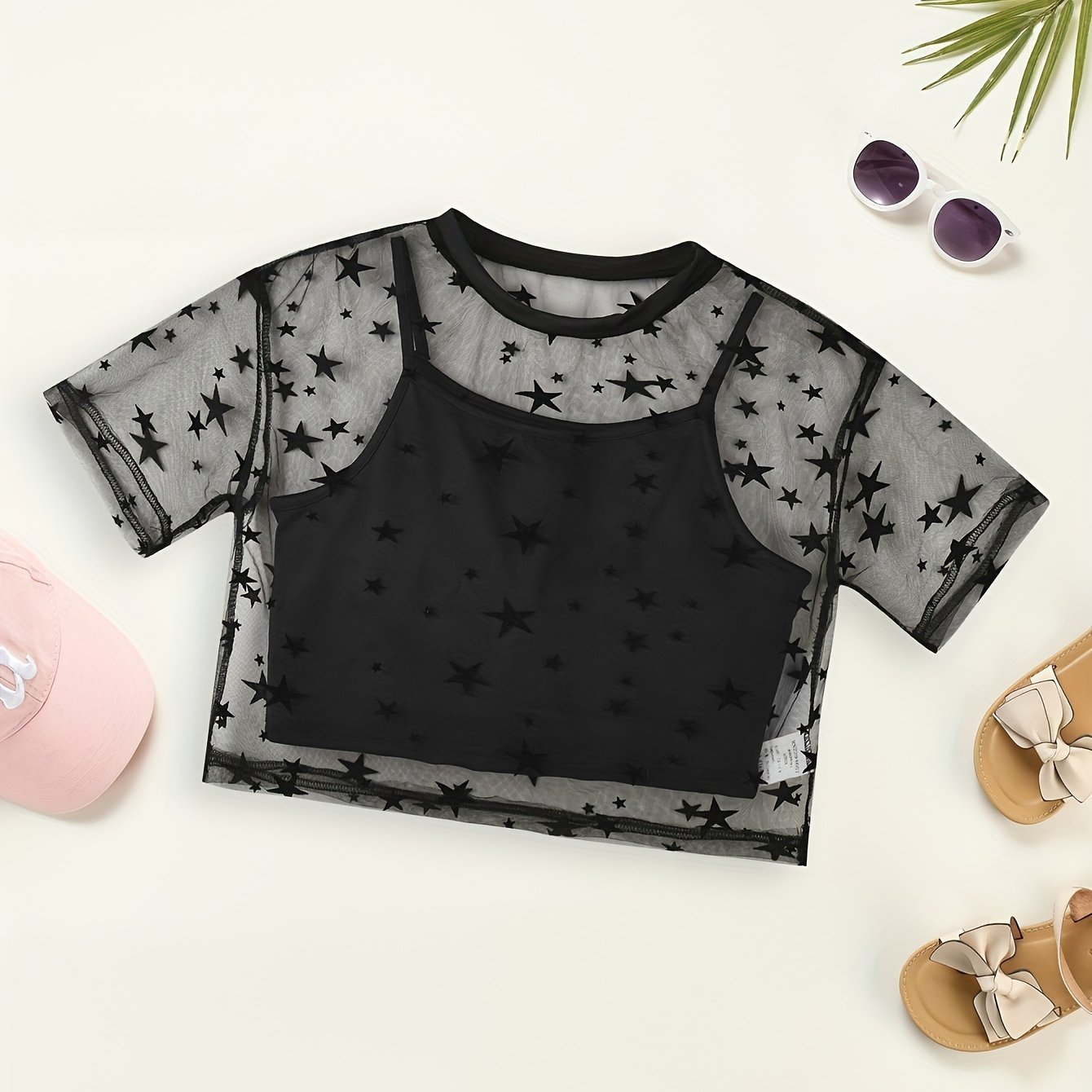 Ingredients And Size Reference: Mesh Cover-up, Girls' Casual Black Top With Knitted Solid Color Camisole 2pcs Set