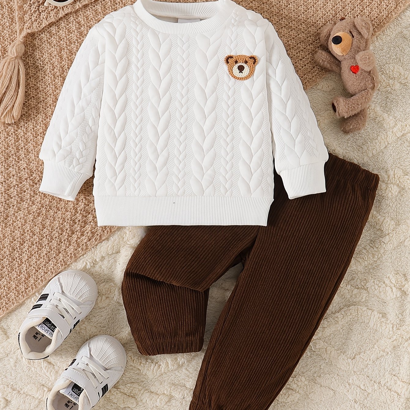 2pcs Set Autumn And Winter Baby Boy Bear Embroidery Casual Sweatshirt + Corduroy Trousers Set Suitable For 6 Months To 3 Years Old Infants And Young Children Outdoor, For Outdoor
