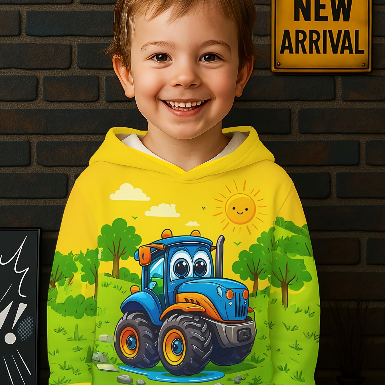 Image of Cute Farm Tractor Hoodie For Boys Toddler Baby Kids 1-8 Years – Colorful Cartoon Pullover Sweatshirt With Sunny Field Print, Perfect Birthday Or Holiday Gift For Fall Winter Wear