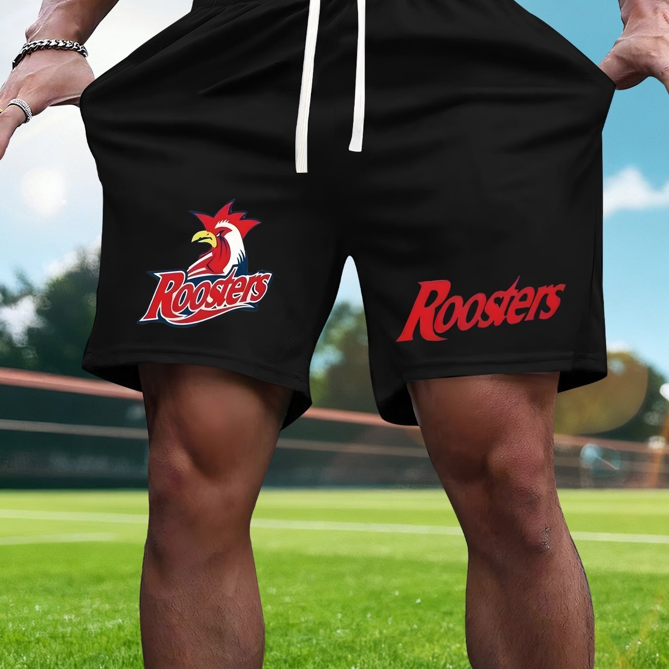 TEMU Rooster Print, Men's Sports Shorts For Outdoor Summer, And Running Pants, Quick-dry Comfortable Shorts, Drawstring Waist Design, With Multiple