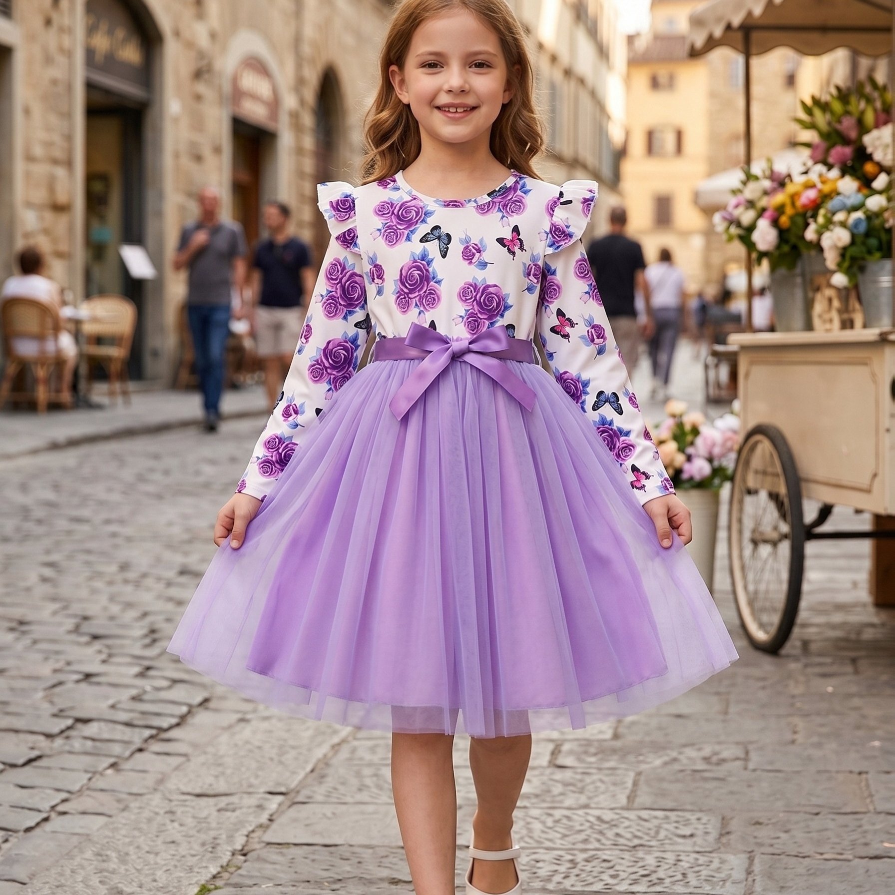 Image of Girls' Elegant Floral And Print Sleeve Tie-dress, Mesh Princess Dress Perfect For Casual And Parties, Winter Girls' And Clothing