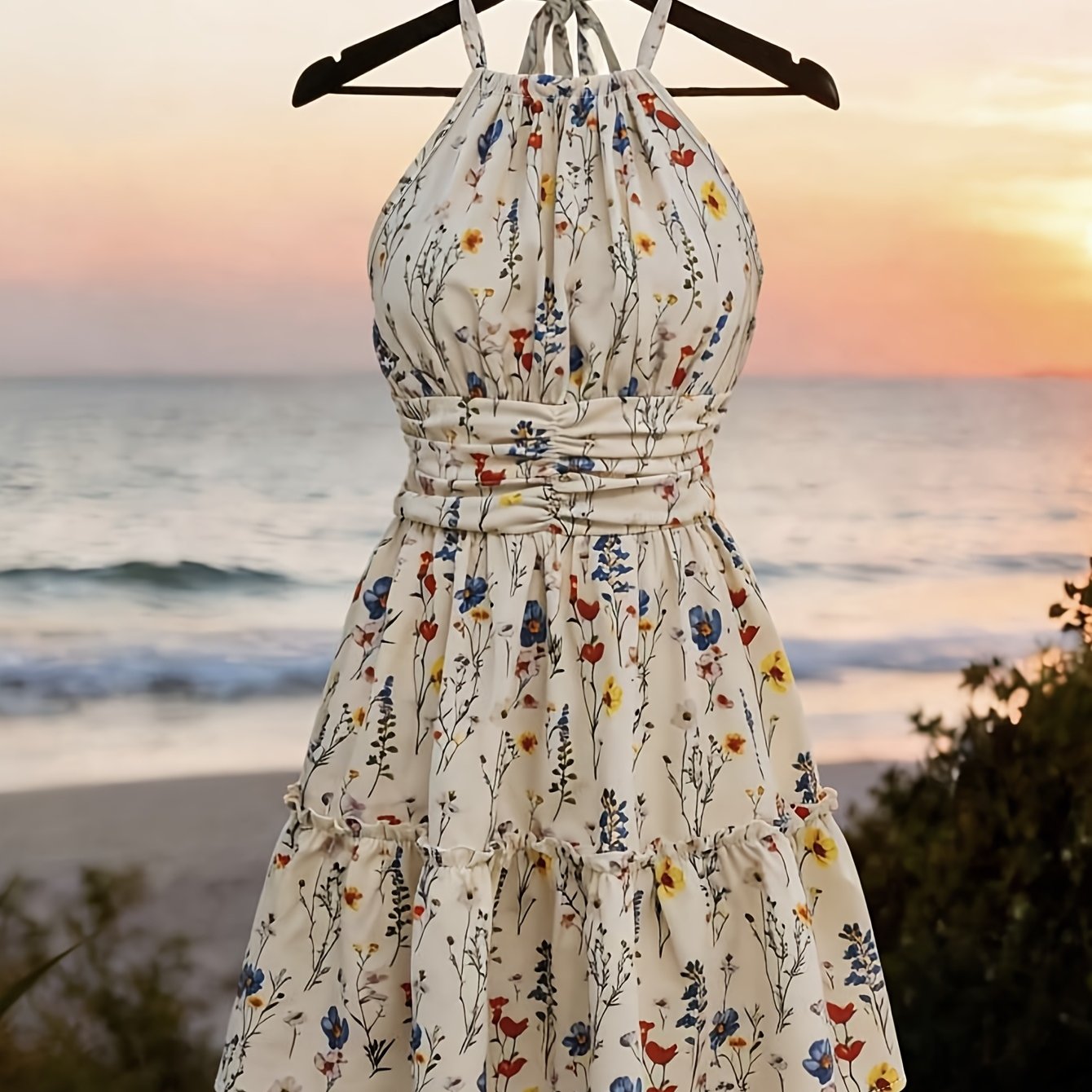 TEMU Robe pour femme à tempérament élégant/nuque nouée/dos smocké/imprimé floral/ceinture ajustée/coupe près du corps/doux/style vacances/convient